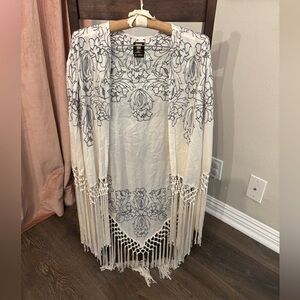 Anna Sui x O'Neill Floral Embroidered‎ Macrame Fringe Kimono Coverup Size Small